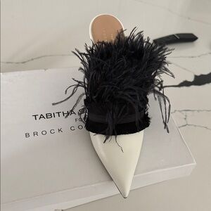 Tabitha Simmons Black Feathered White Mules
